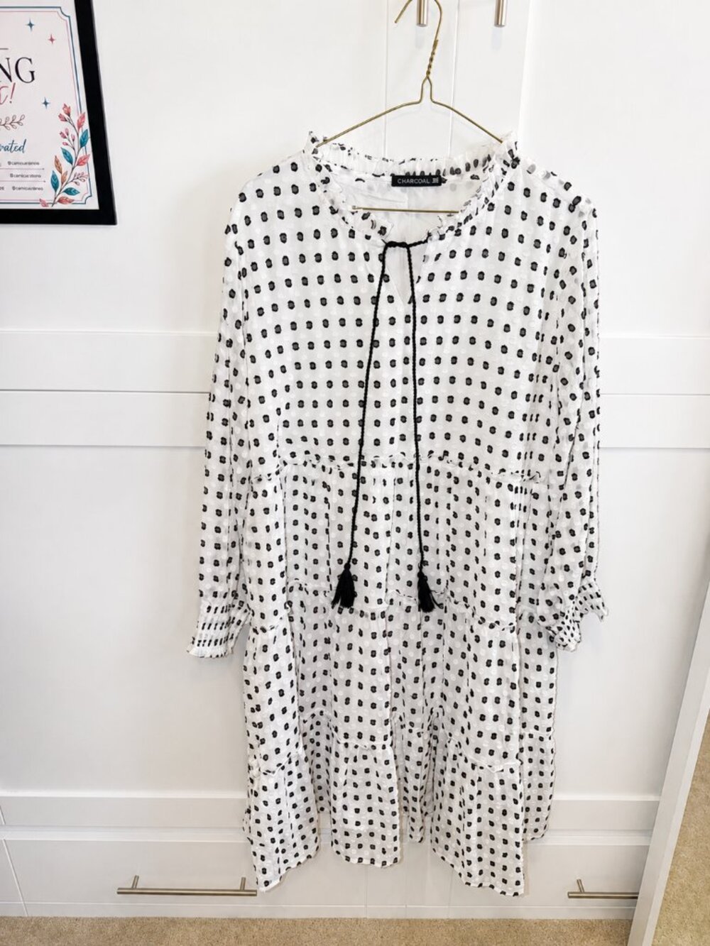 ✧ Charcoal | White Polka Dot Smock Dress with Black Trim - size XX Large